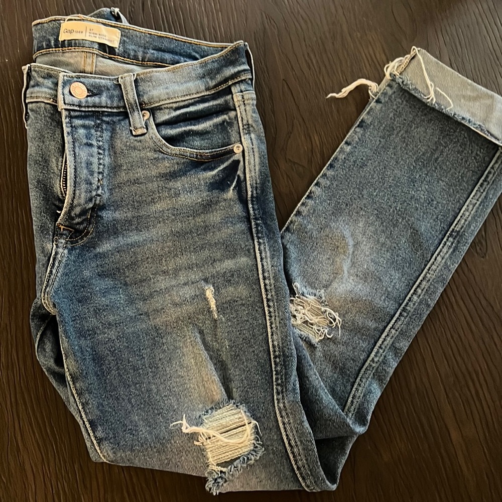 Gap 1969 jeans size 27 high rise slim straight. Distressed like new.